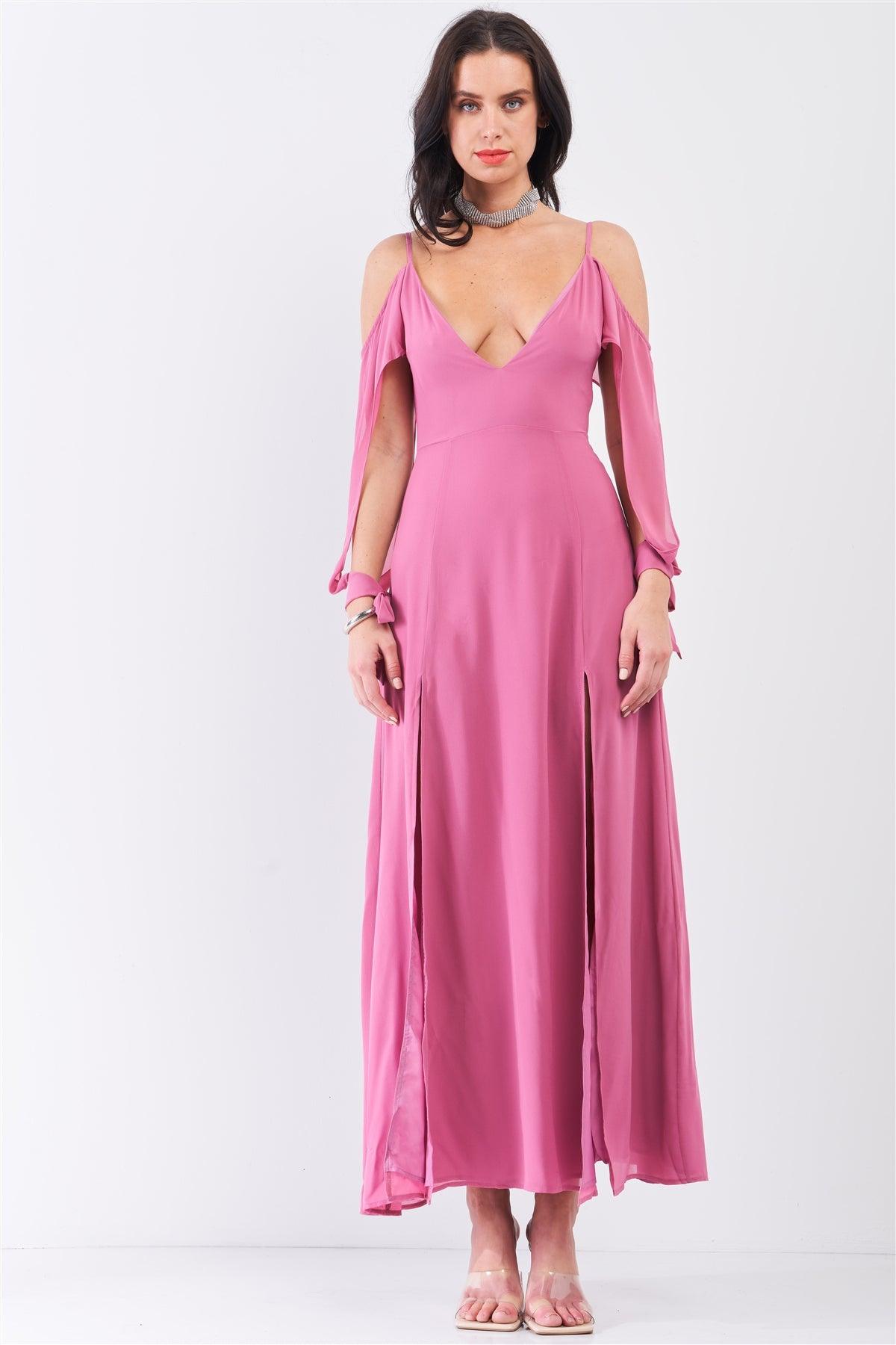 Thulian Pink Off-The-Shoulder Cut-Out Long Sleeve Deep Plunge V-Neck Slit Detail Maxi Dress /1-3-2-1