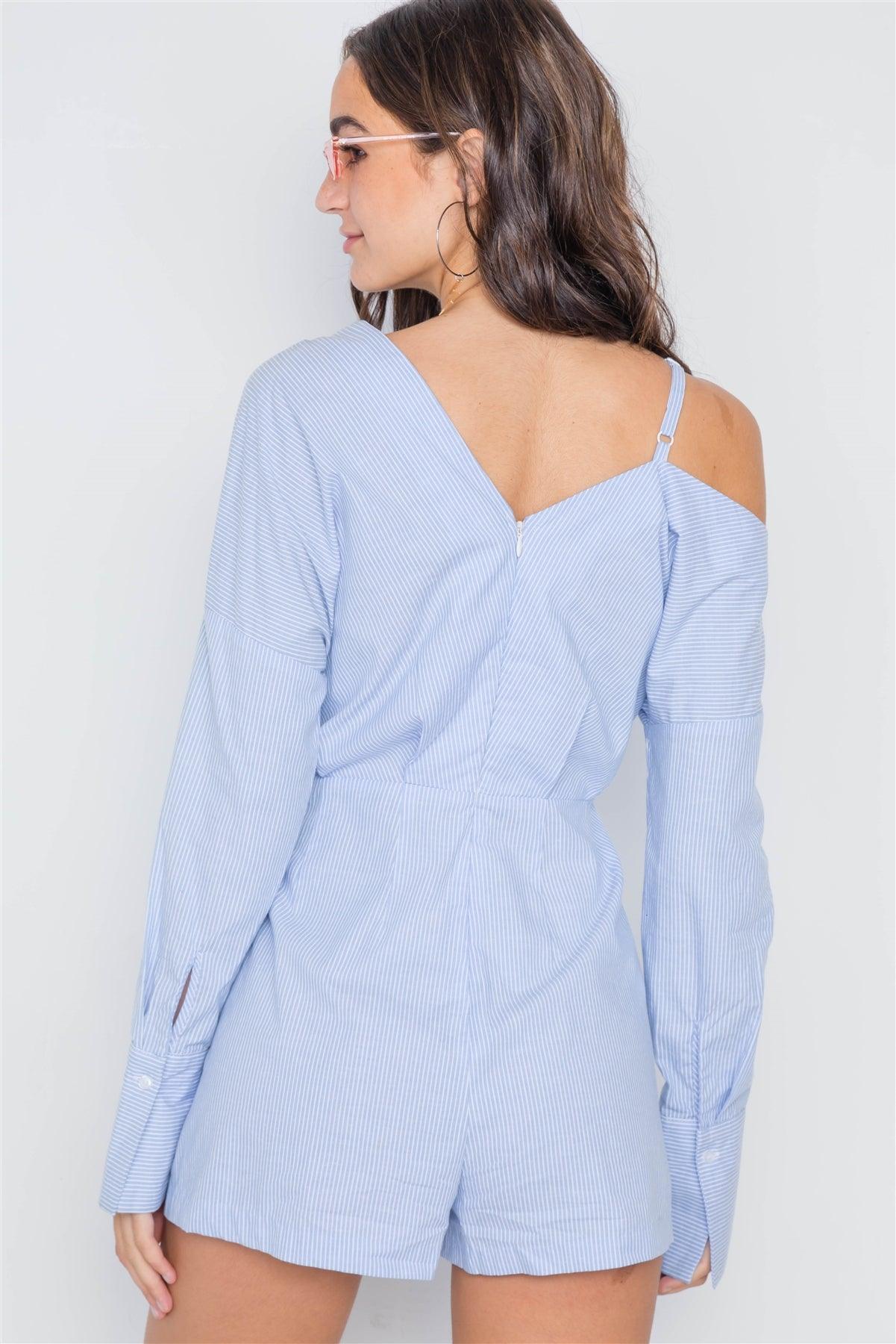 Blue White Stripe Asymmetrical Neck Romper /2-2-2