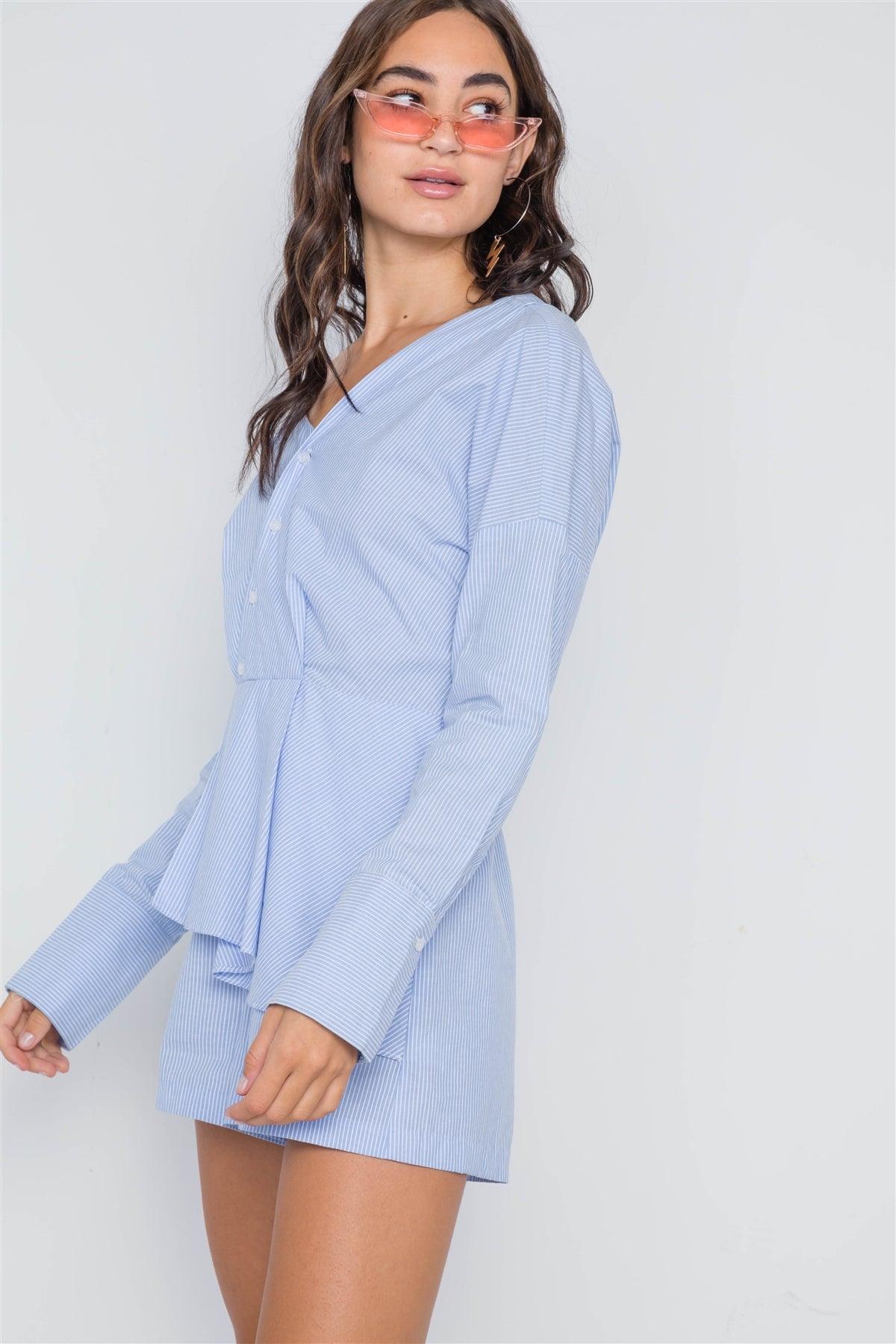 Blue White Stripe Asymmetrical Neck Romper /2-2-2