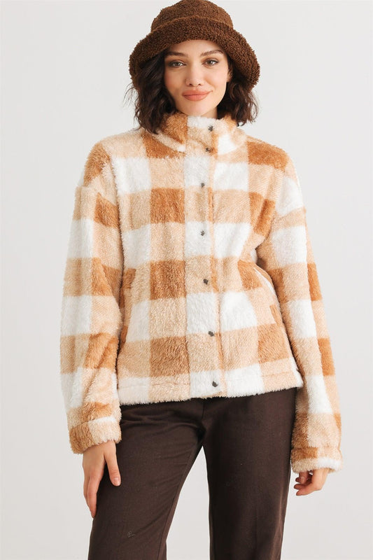 Camel Checkerboard Print Fuzzy Button-Up Two Pocket Jacket /2-2