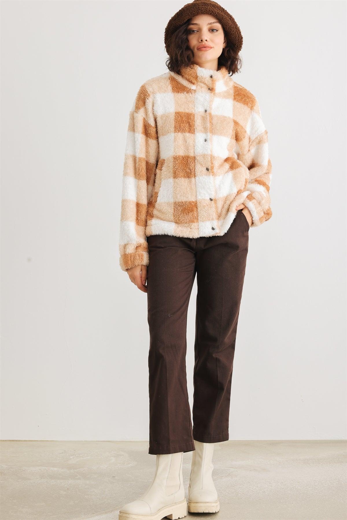 Camel Checkerboard Print Fuzzy Button-Up Two Pocket Jacket /2-2