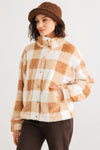 Camel Checkerboard Print Fuzzy Button-Up Two Pocket Jacket /2-2-2