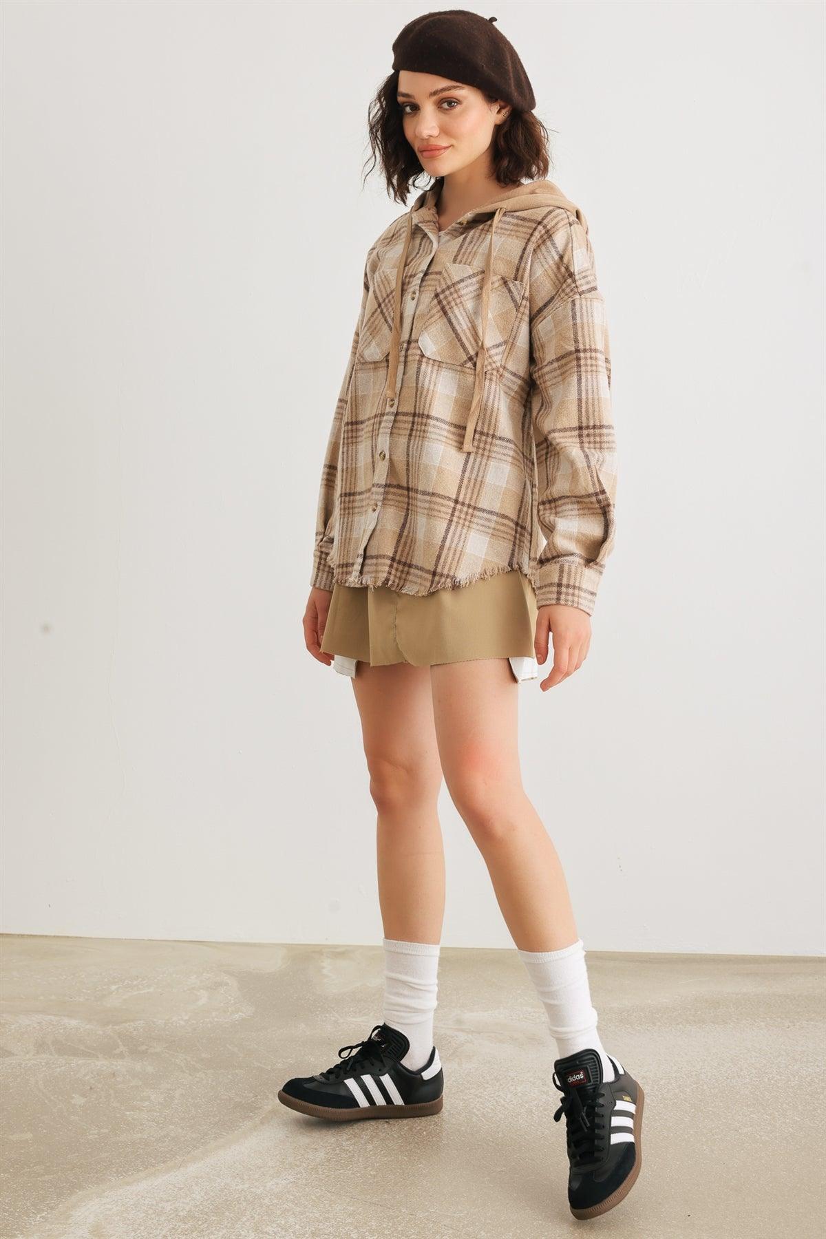 Taupe Scotch Plaid Button-Up Two Pocket Hooded Jacket /3-2