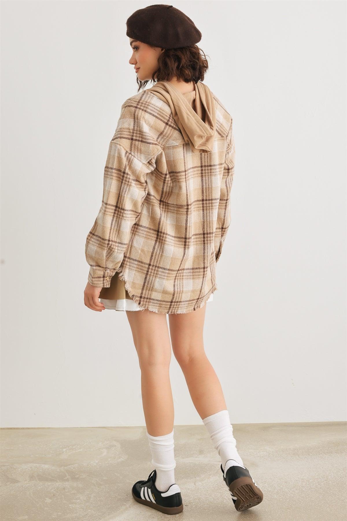 Taupe Scotch Plaid Button-Up Two Pocket Hooded Jacket /3-2