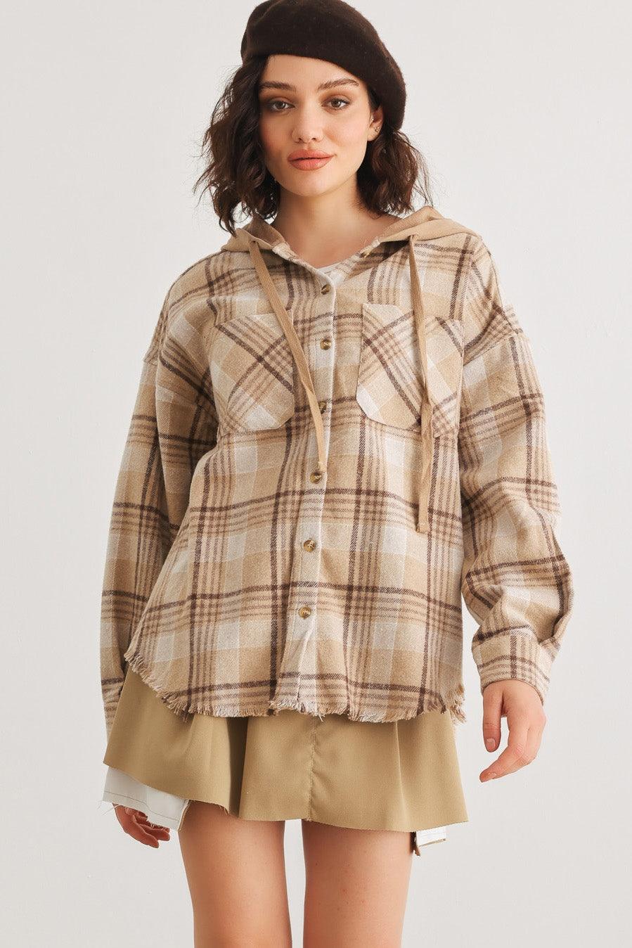 Taupe Scotch Plaid Button-Up Two Pocket Hooded Jacket /3-2