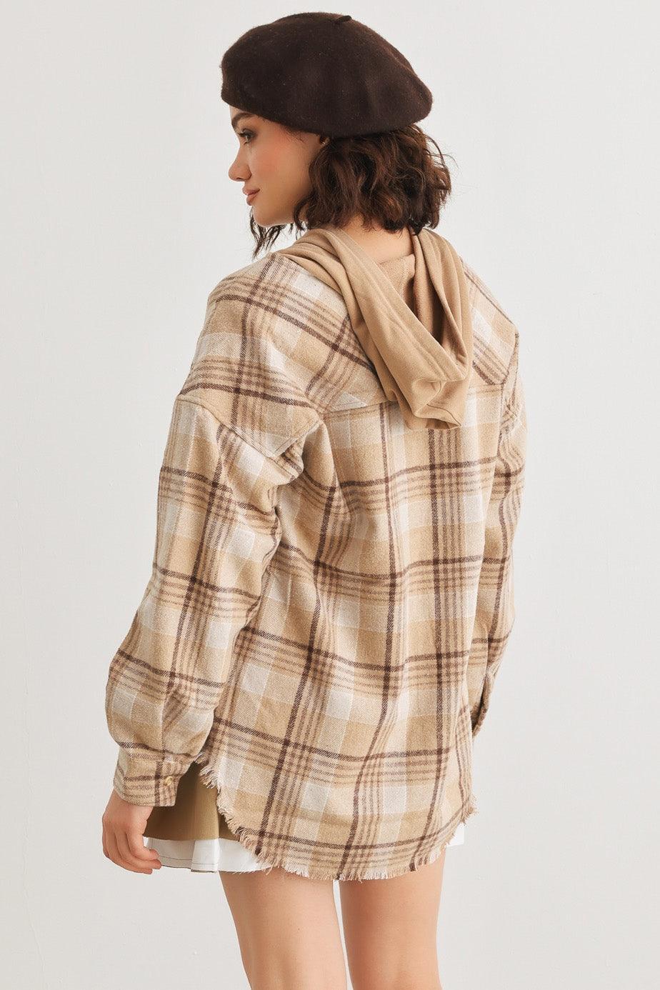 Taupe Scotch Plaid Button-Up Two Pocket Hooded Jacket /3-2