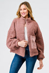 Mauve Sherpa Zip-Up Long Sleeve One Pocket Mock Neck Jacket /1-2-2