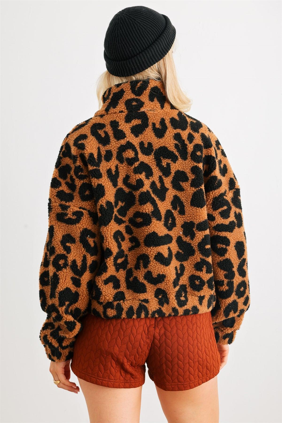 Camel Leopard Teddy Zip-Up Two Pocket Jacket /2-2