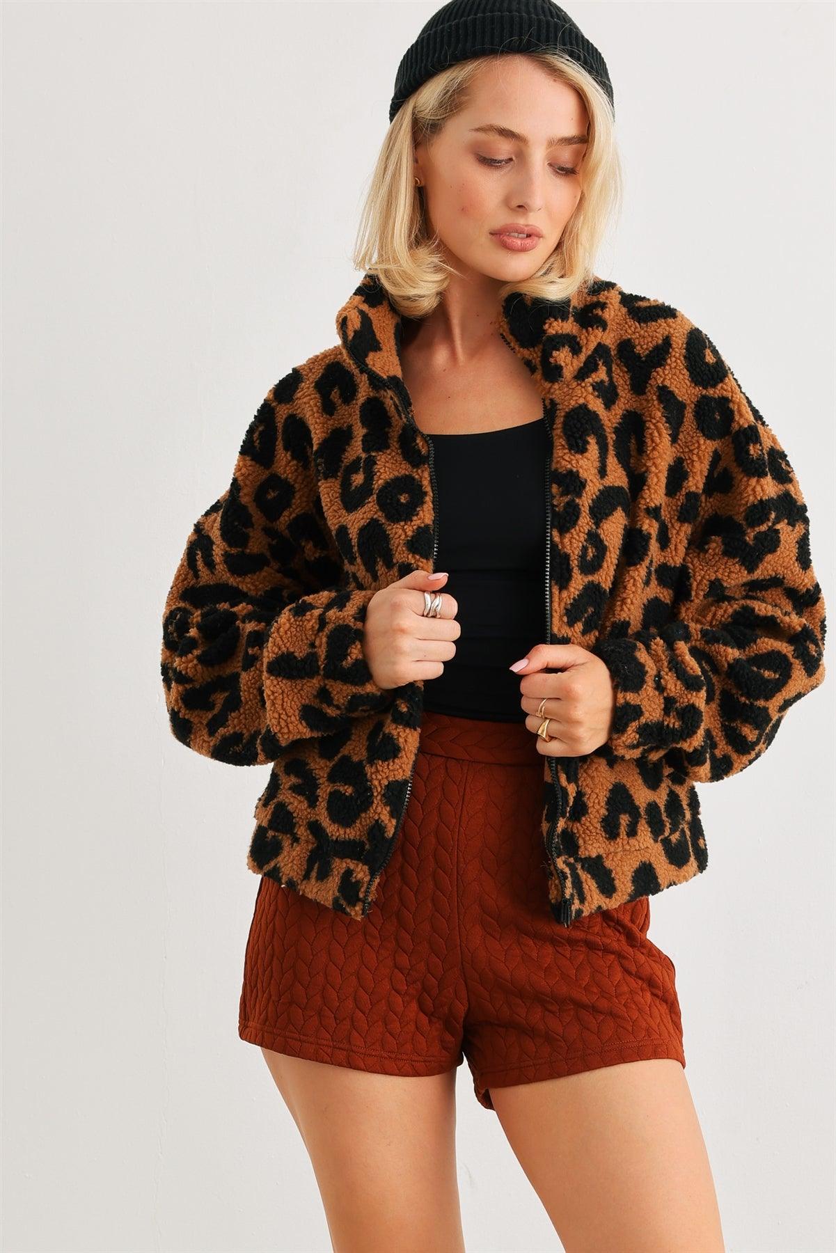 Camel Leopard Teddy Zip-Up Two Pocket Jacket /2-2