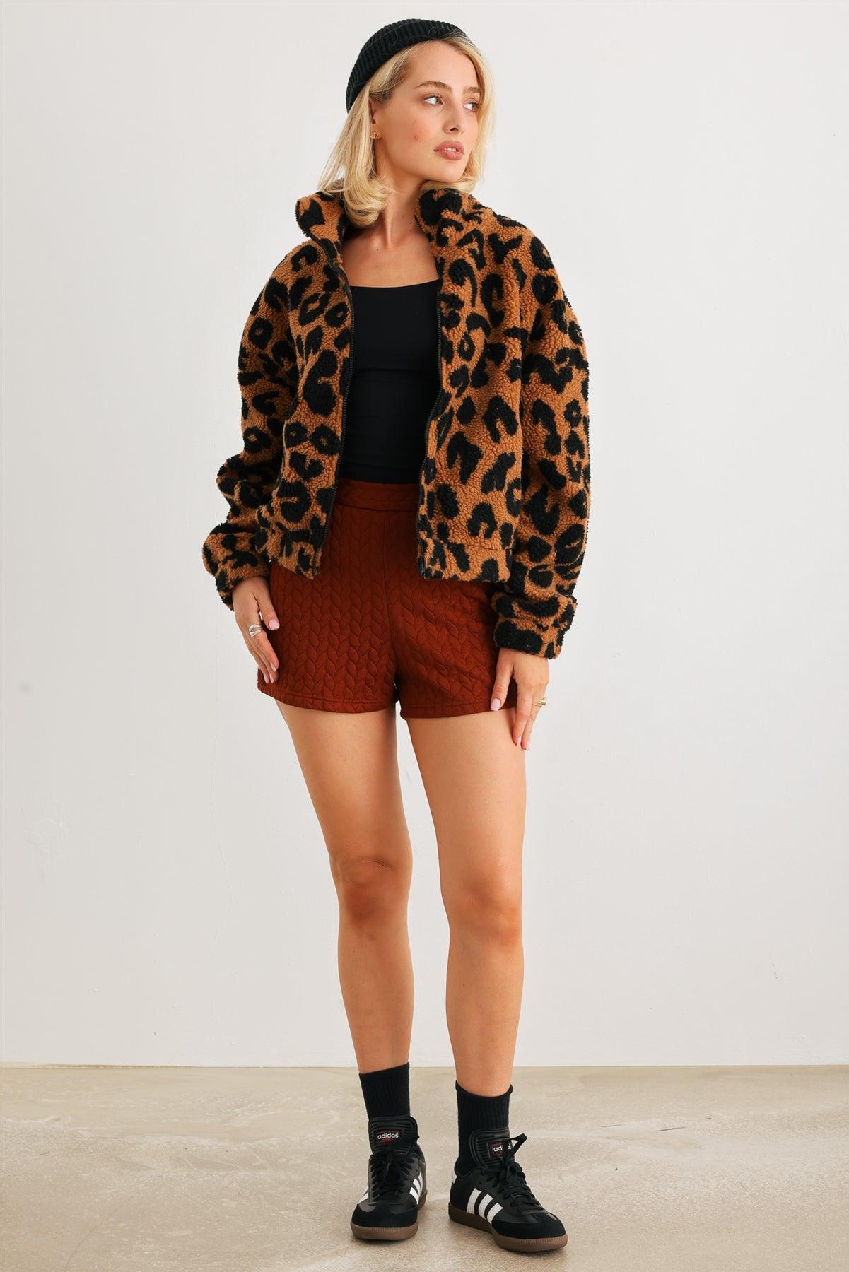 Camel Leopard Teddy Zip-Up Two Pocket Jacket /2-2