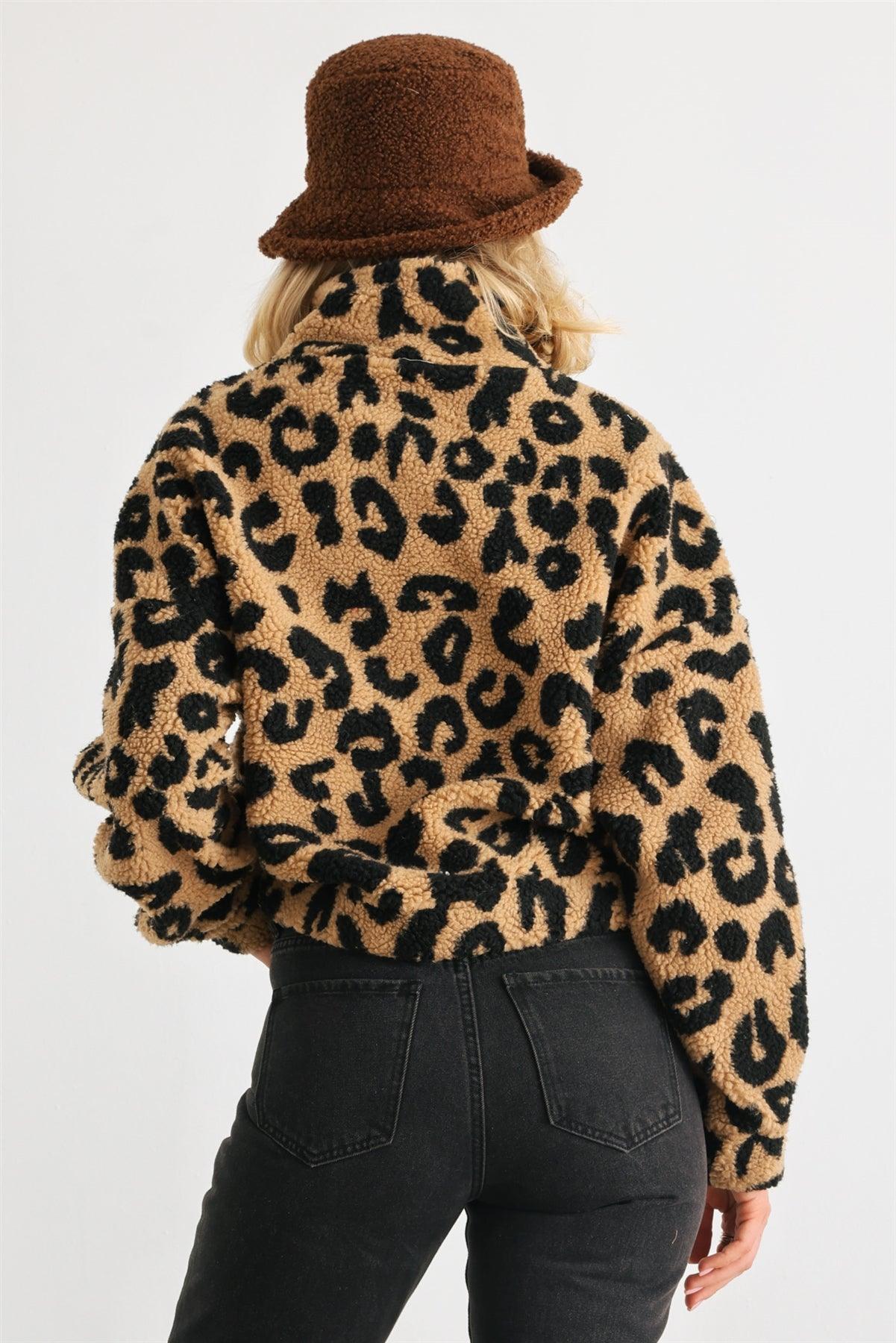 Mocha Leopard Teddy Zip-Up Two Pocket Jacket /2-2