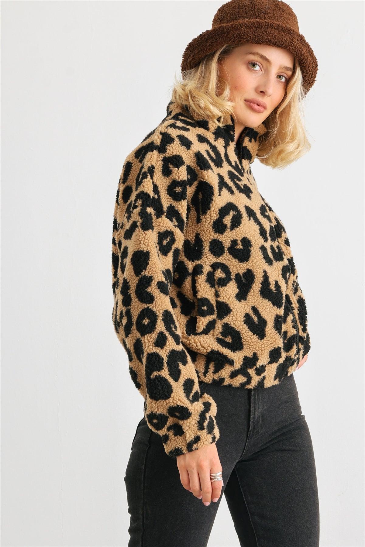 Mocha Leopard Teddy Zip-Up Two Pocket Jacket /2-2