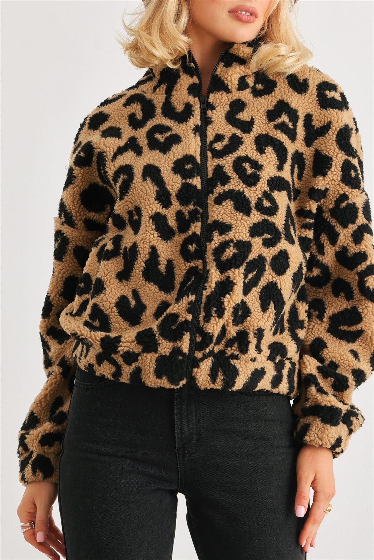 Mocha Leopard Teddy Zip-Up Two Pocket Jacket /2-2