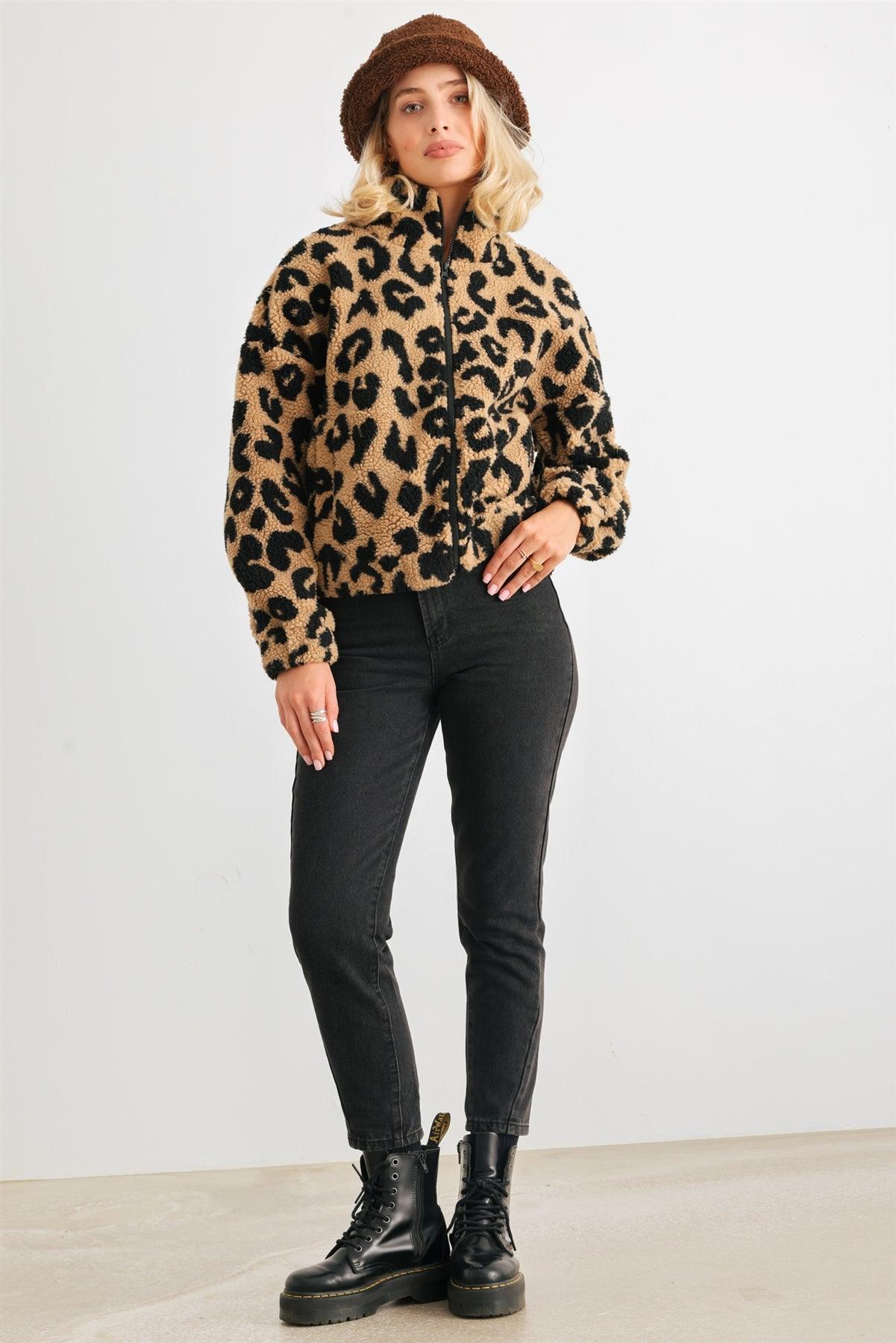 Mocha Leopard Teddy Zip-Up Two Pocket Jacket /2-2