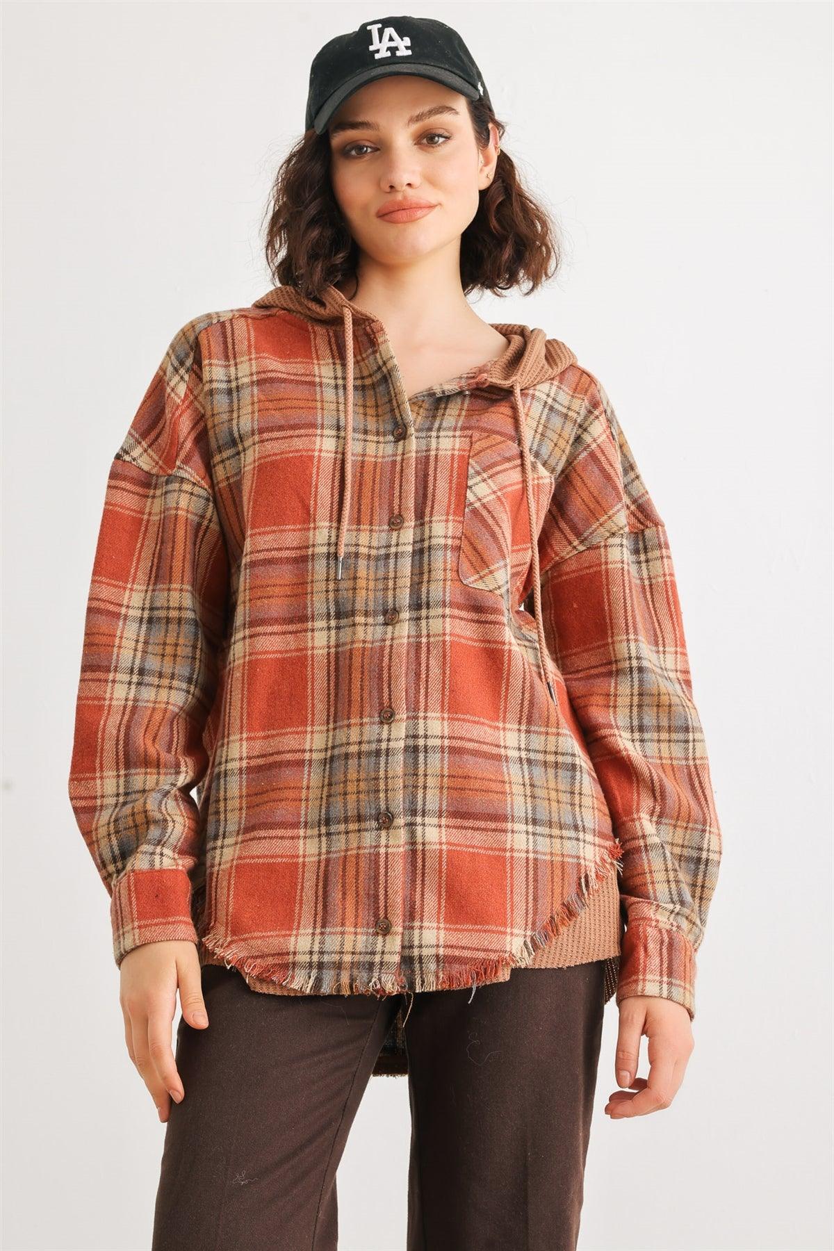 Rust Plaid Button-Up Long Sleeve Hooded Trim Hem T-Shirt Style Jacket /2-2-2