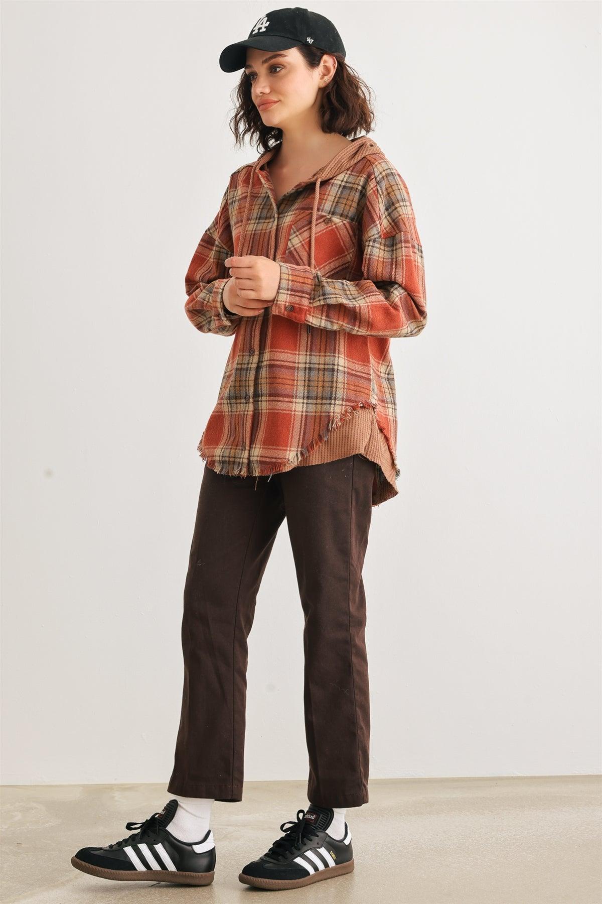 Rust Plaid Button-Up Long Sleeve Hooded Trim Hem T-Shirt Style Jacket /2-2-2