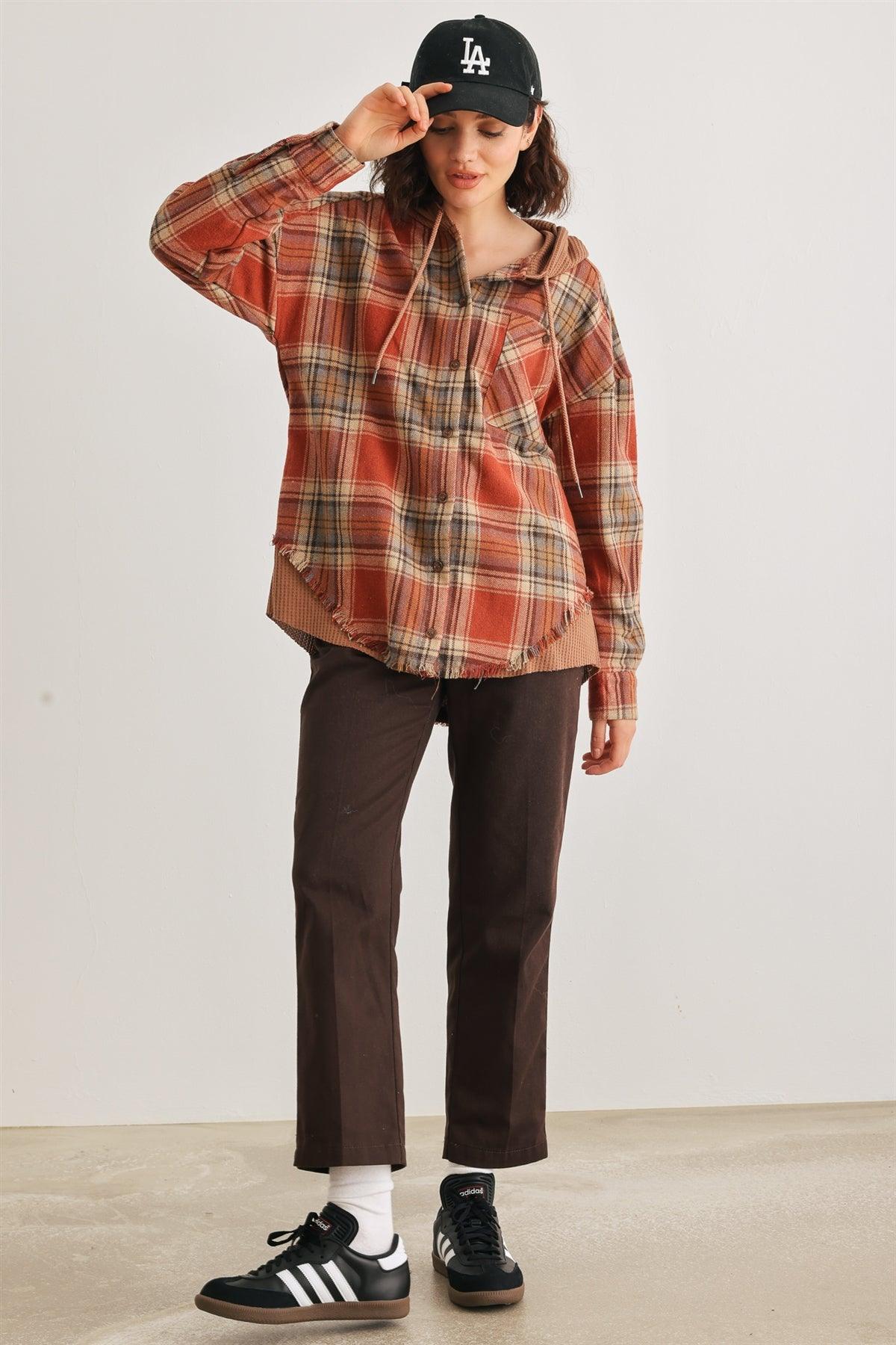 Rust Plaid Button-Up Long Sleeve Hooded Trim Hem T-Shirt Style Jacket /2-2-2