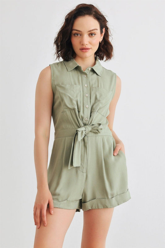 Olive Sleeveless Collar Neck Button-Up Four Pocket Tie Front Romper /2-2-2