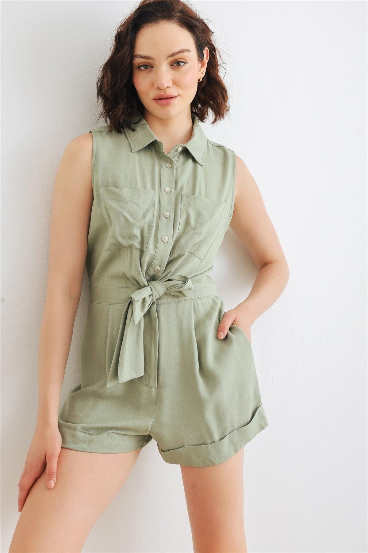 Olive Sleeveless Collar Neck Button-Up Four Pocket Tie Front Romper /2-2-2