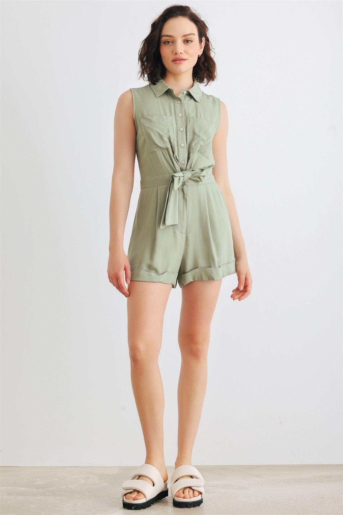 Olive Sleeveless Collar Neck Button-Up Four Pocket Tie Front Romper /2-2-2