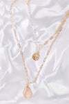 Gold Double Chain With Rose Quartz Faux Stone & Gold Stamp Pendant Necklace /3 Pieces