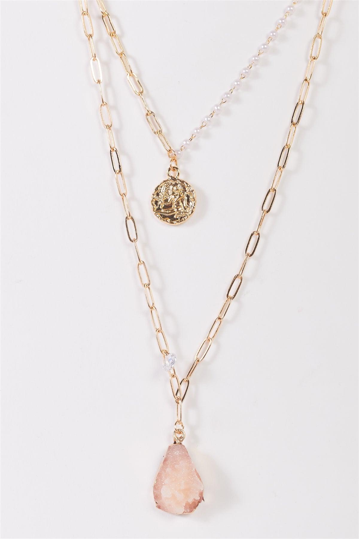 Gold Double Chain With Rose Quartz Faux Stone & Gold Stamp Pendant Necklace /3 Pieces