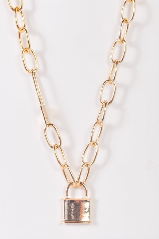 Gold Thick Paper Clip Chain With Padlock Pendant And A Pin Necklace /3 Pieces