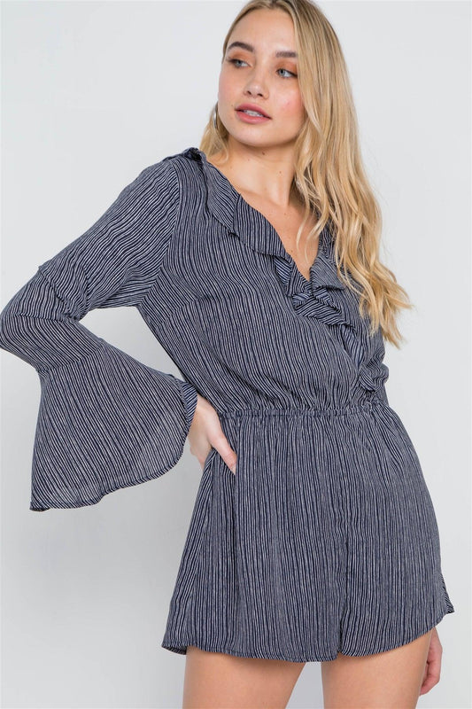 Navy White Surplice Neck Long Sleeve Romper /2-2-2