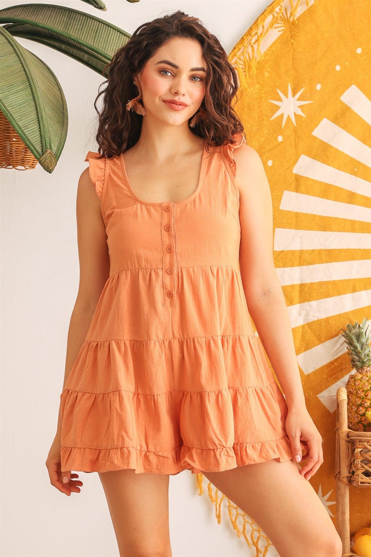 Salmon Cotton Ruffle Button-Up Sleeveless Romper /2-2-2