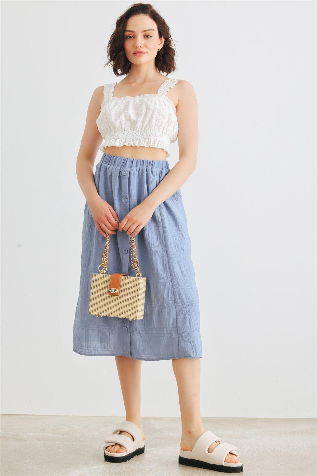 Denim Blue High Waist Front Button Midi Skirt /1-2-2