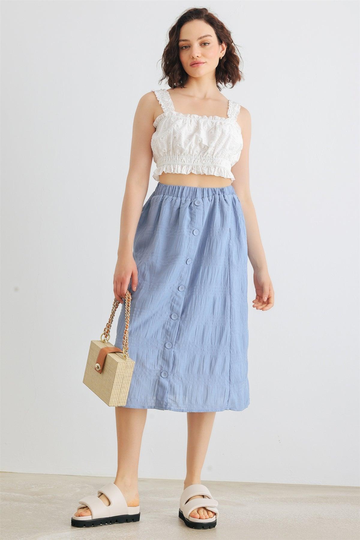 Denim Blue High Waist Front Button Midi Skirt /1-2-2