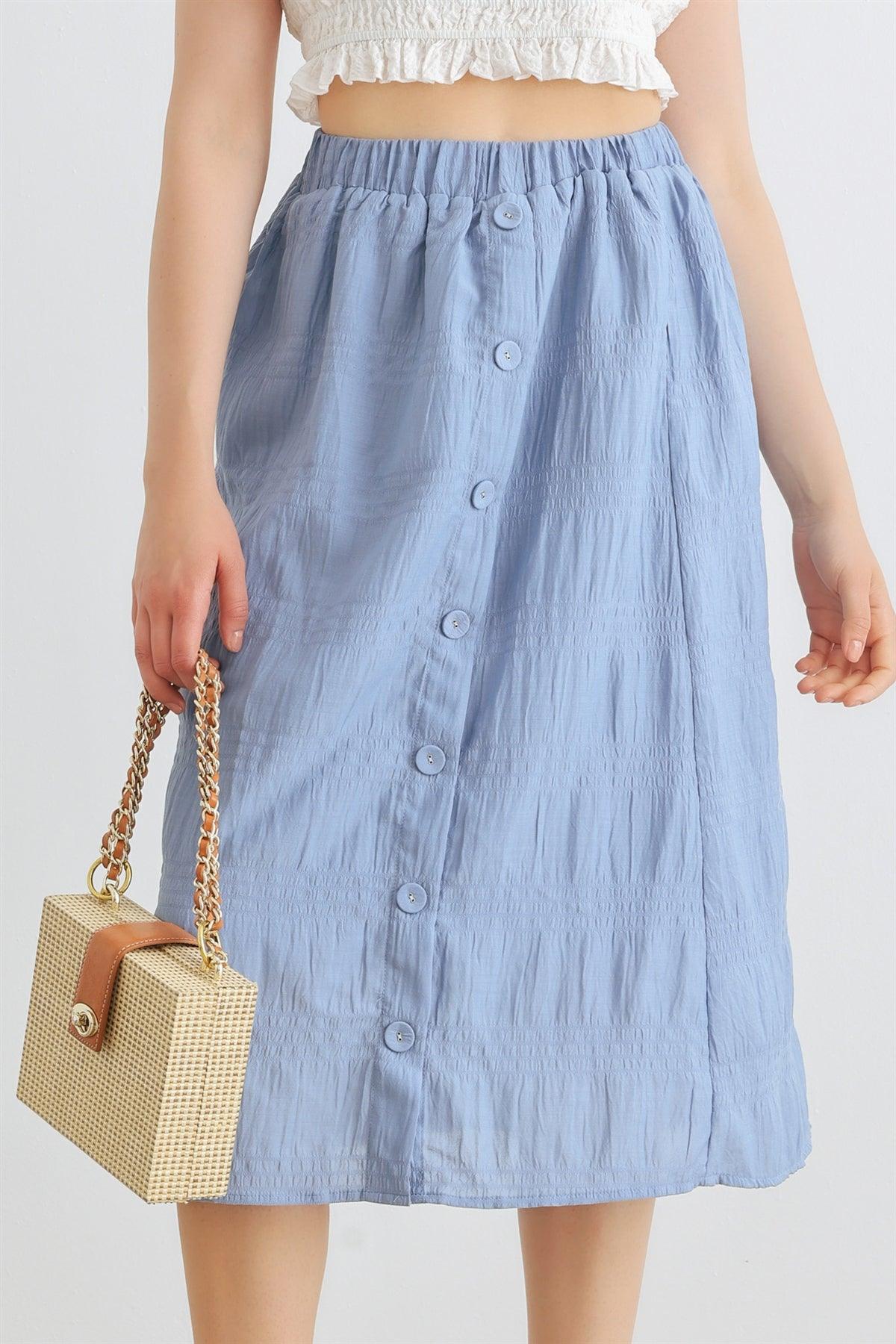 Denim Blue High Waist Front Button Midi Skirt /1-2-2