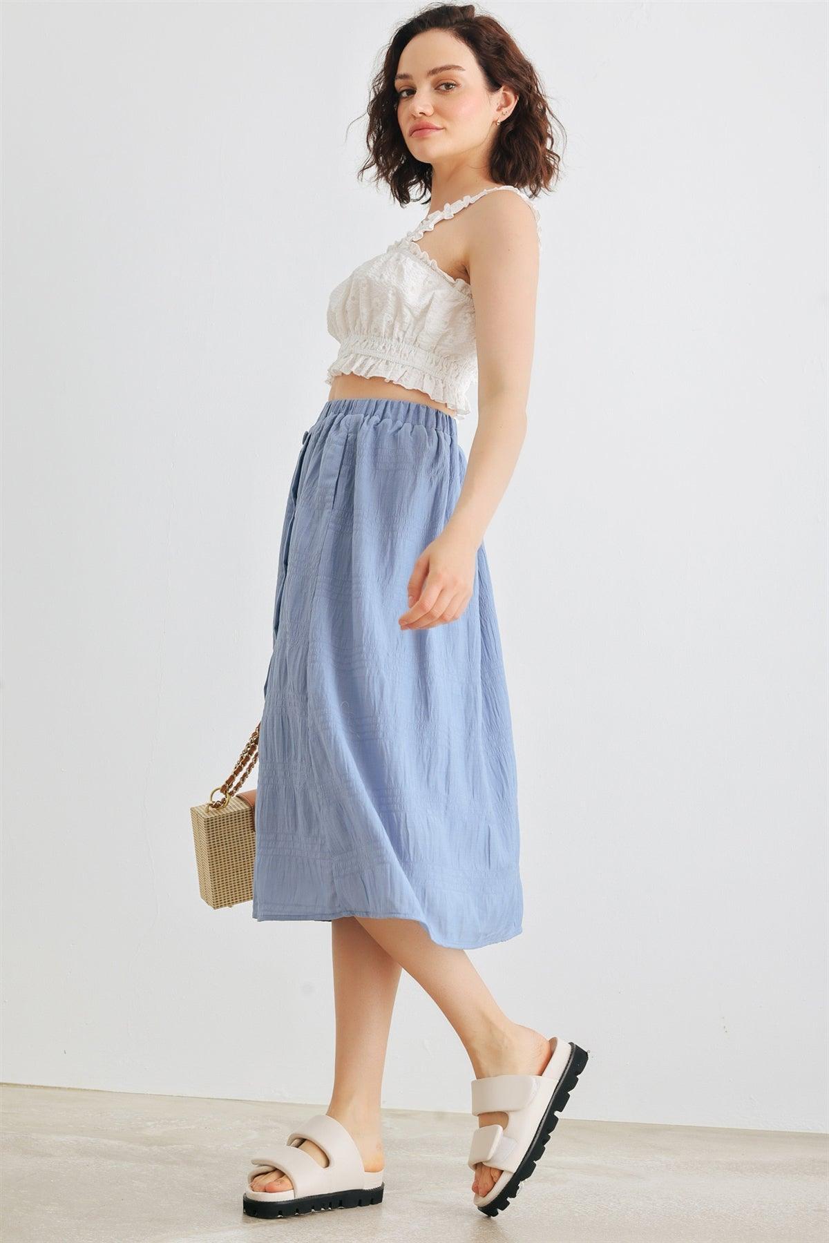 Denim Blue High Waist Front Button Midi Skirt /1-2-2