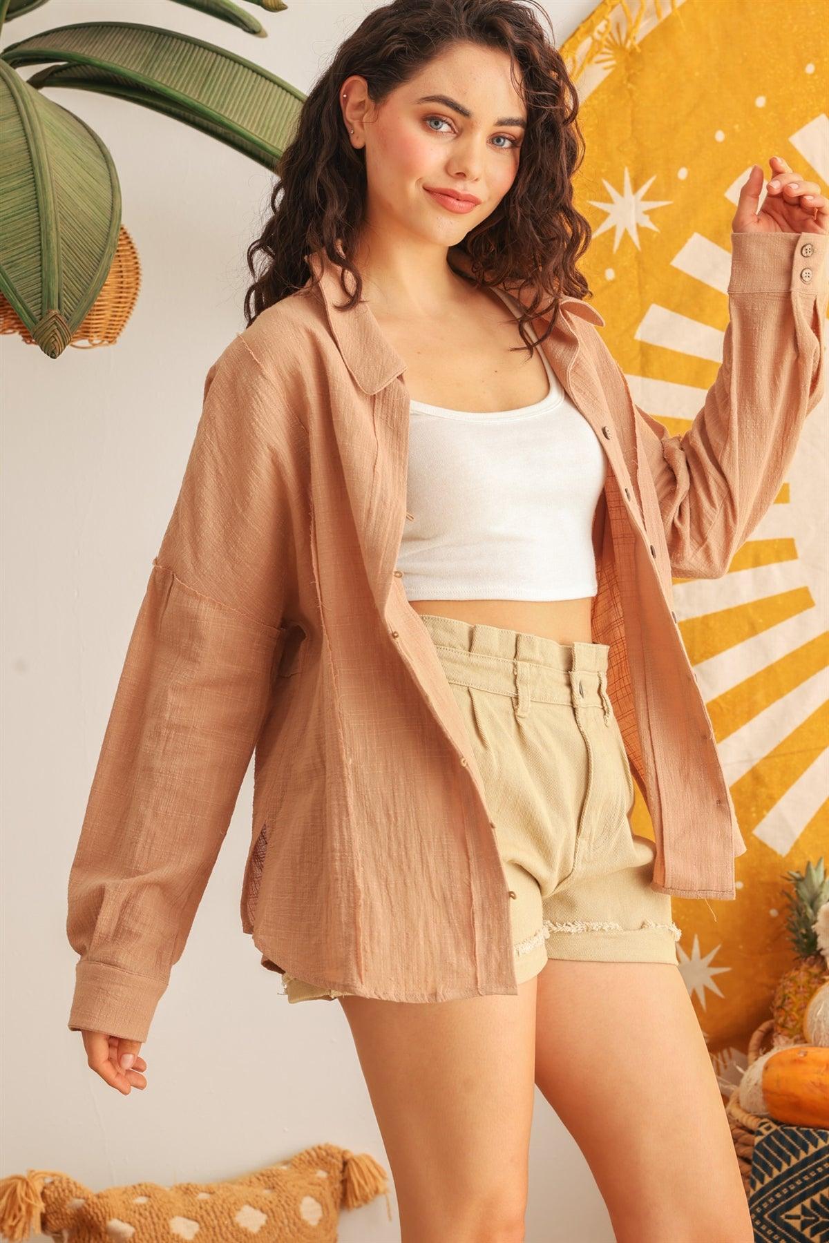 Taupe Cotton Button-Up Long Sleeve Shirt /2-2-2