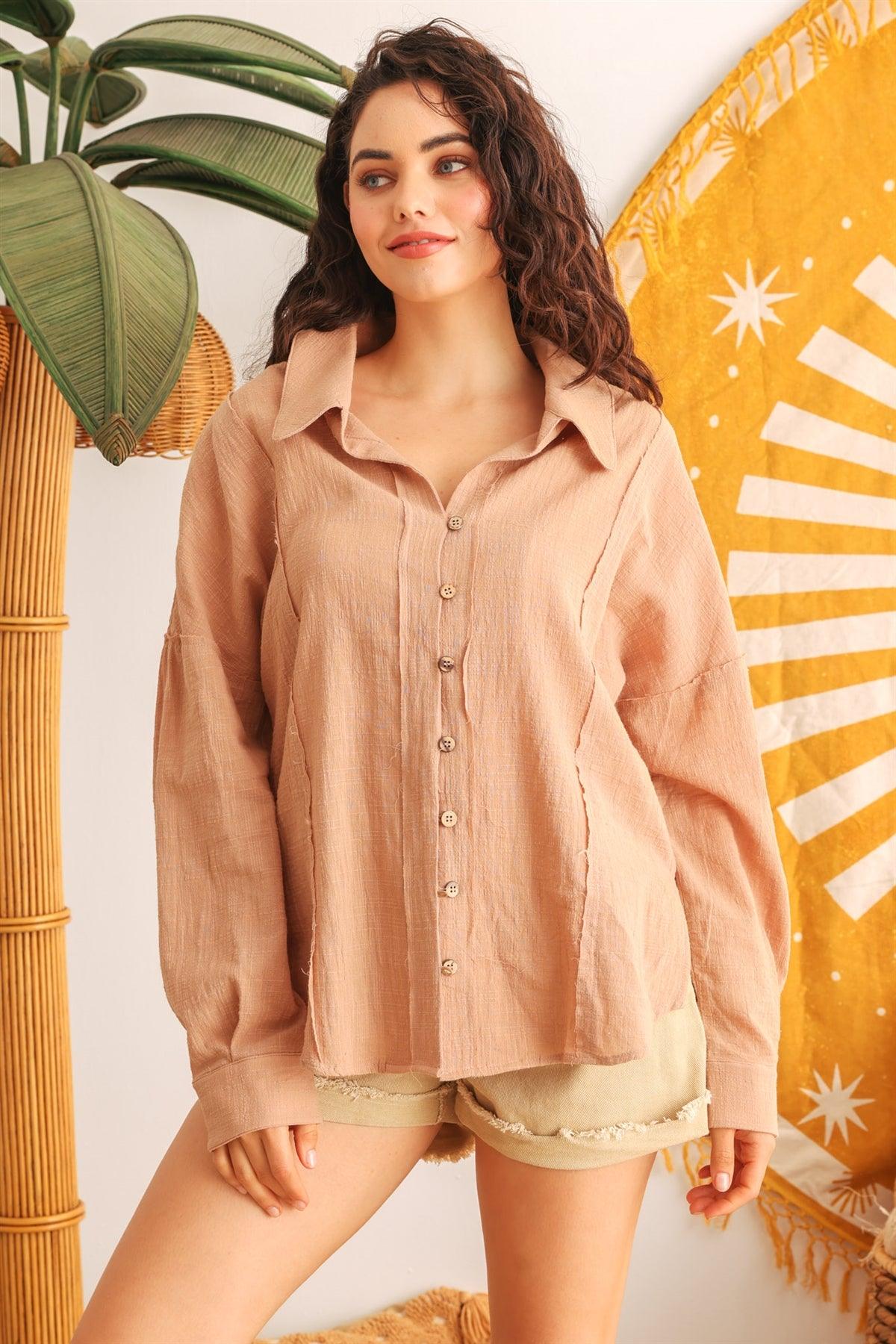 Taupe Cotton Button-Up Long Sleeve Shirt /2-2-2