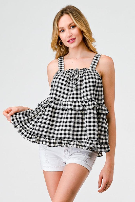 Black & White Plaid Cotton Sleeveless Ruffle Flare Hem Top /2-2-2