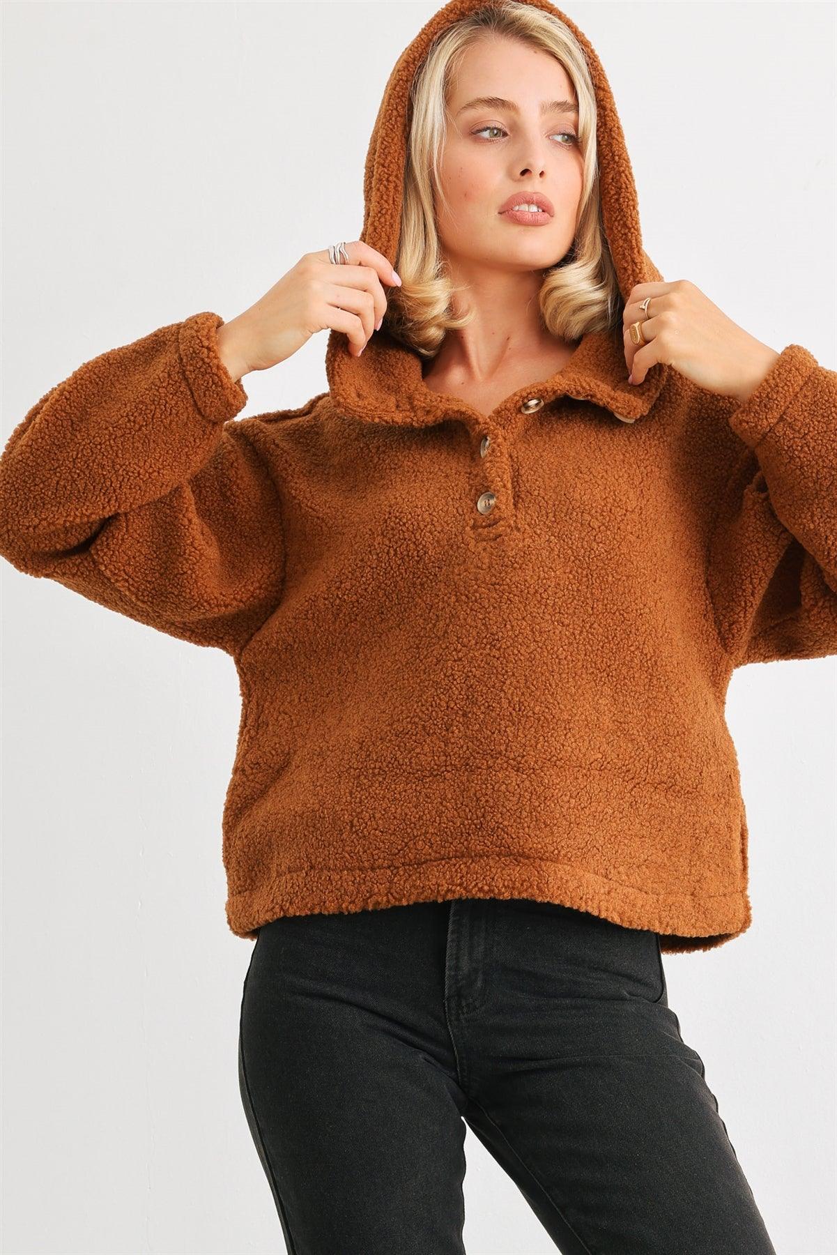 Camel Teddy Knit Button-Up Two Pocket Hooded Sweater /2-3