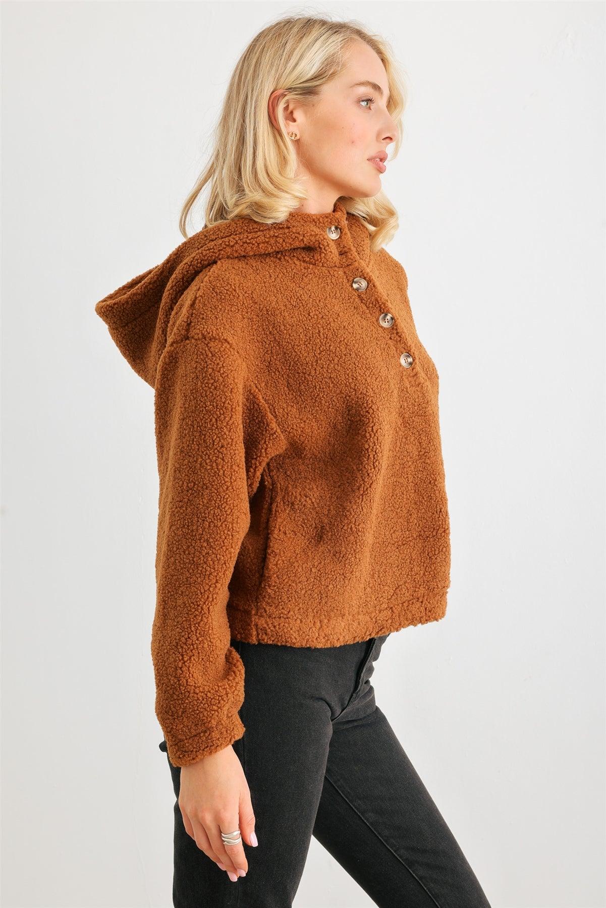 Camel Teddy Knit Button-Up Two Pocket Hooded Sweater /2-3