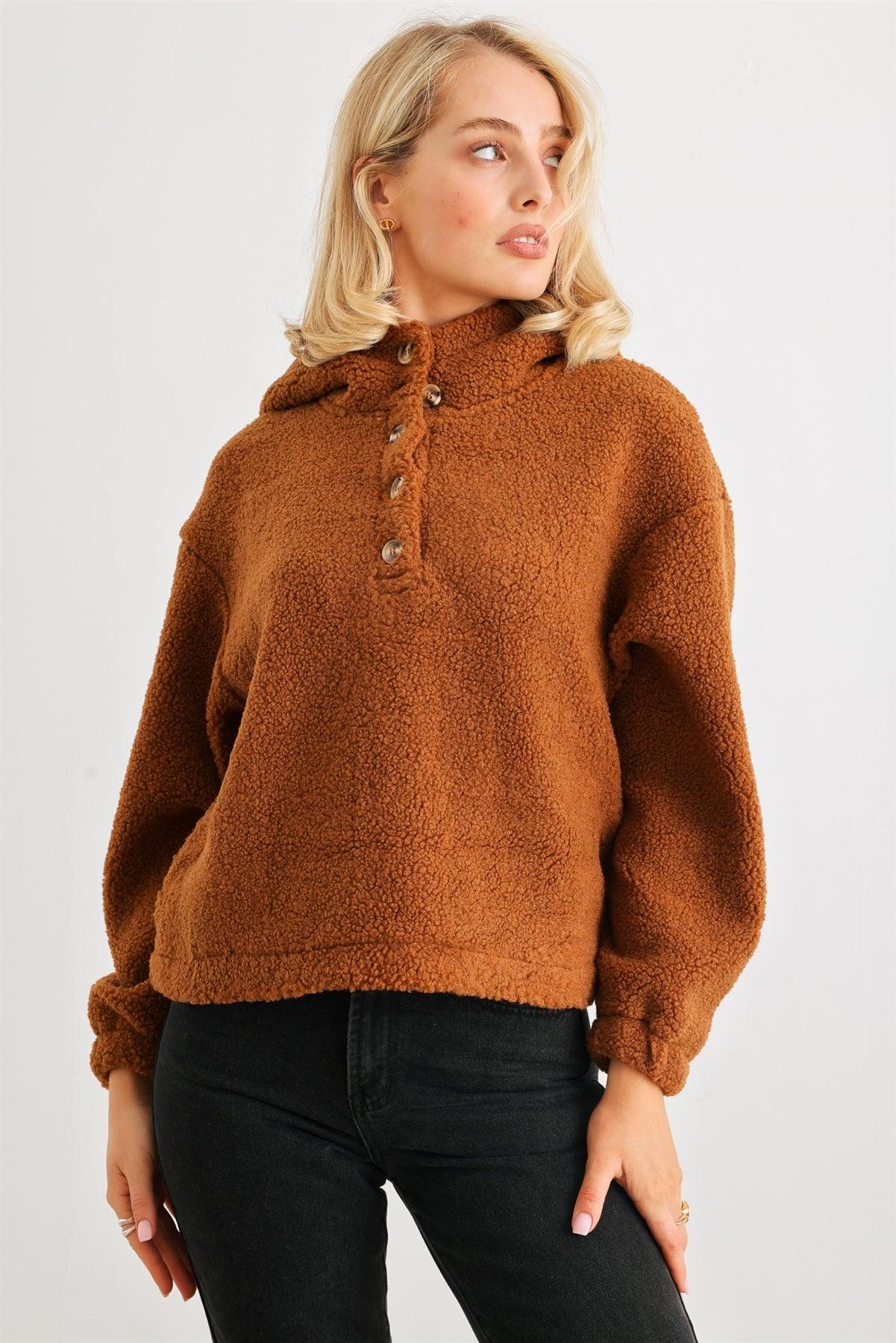 Camel Teddy Knit Button-Up Two Pocket Hooded Sweater /2-3