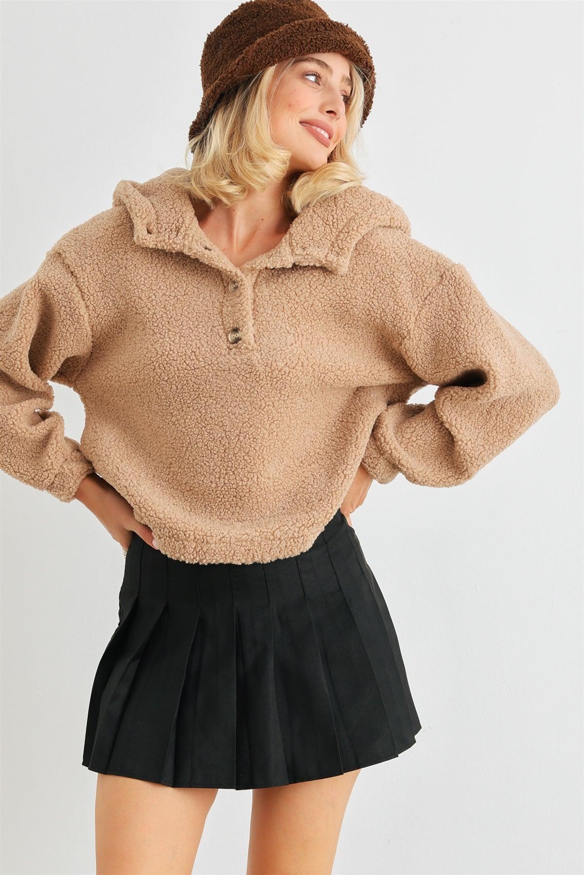 Mocha Teddy Knit Button-Up Two Pocket Hooded Sweater /1-2-2