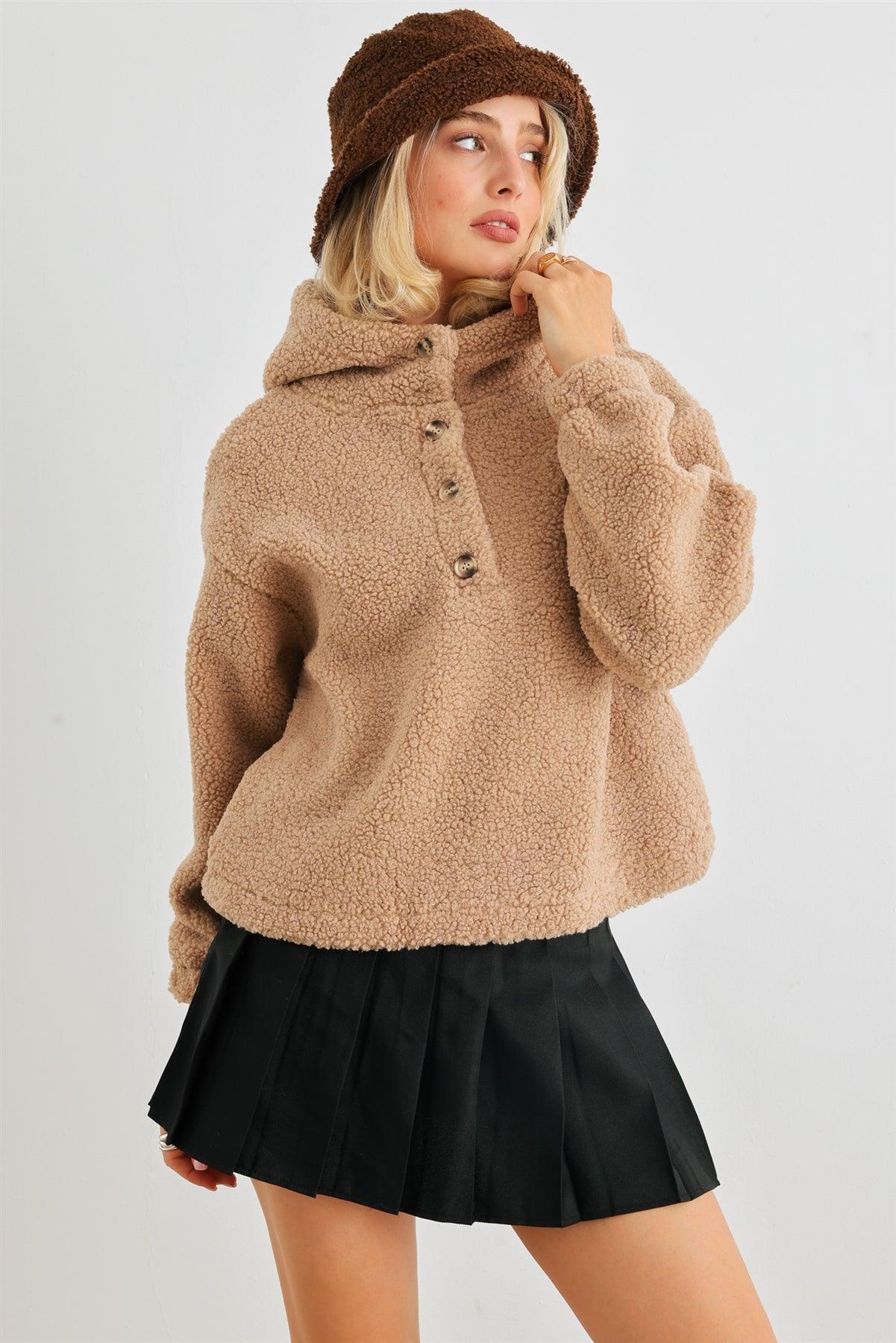 Mocha Teddy Knit Button-Up Two Pocket Hooded Sweater /1-2-2