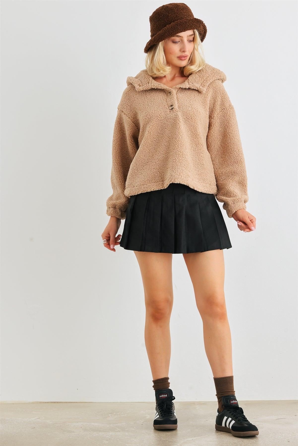 Mocha Teddy Knit Button-Up Two Pocket Hooded Sweater /1-2-2