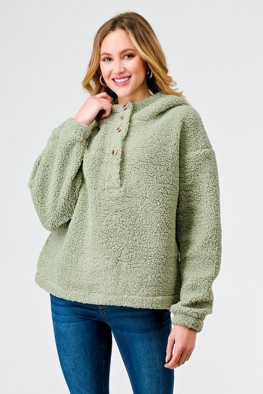 Sage Sherpa Button-Up Neck Two Pocket Hooded Sweater /1-2-2