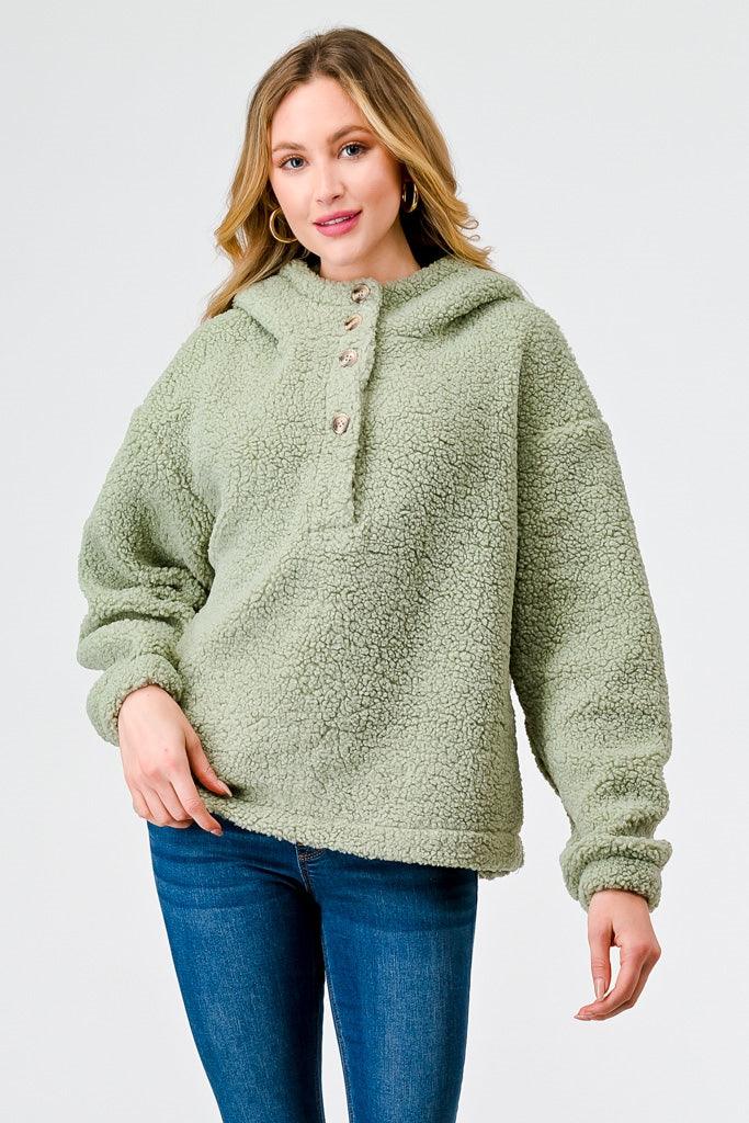 Sage Sherpa Button-Up Neck Two Pocket Hooded Sweater /1-2-2