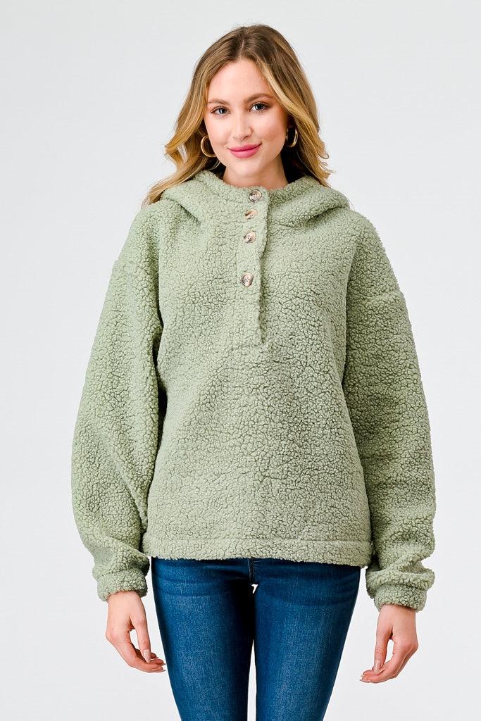 Sage Sherpa Button-Up Neck Two Pocket Hooded Sweater /1-2-2