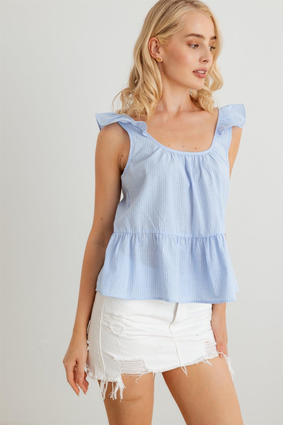 Sky Blue Striped Sleeveless Flare Hem Top /2-2-2