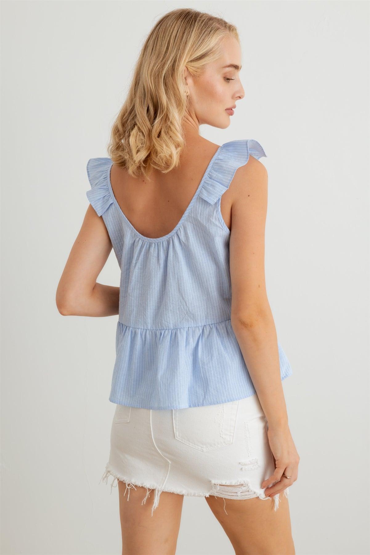 Sky Blue Striped Sleeveless Flare Hem Top /2-2-2