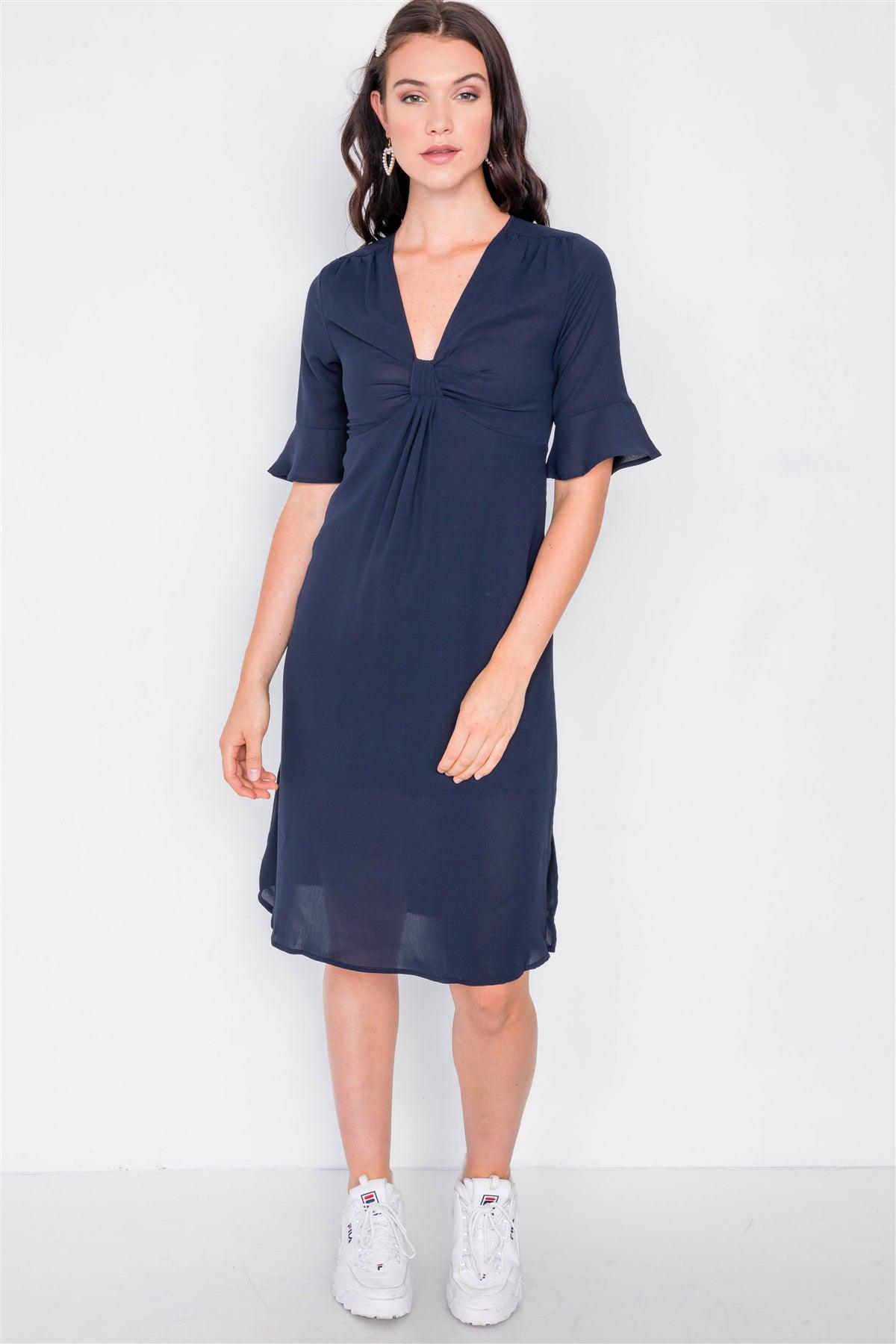 Navy Front Pleated Bow Midi Low Side Slit Dress /2-2-2