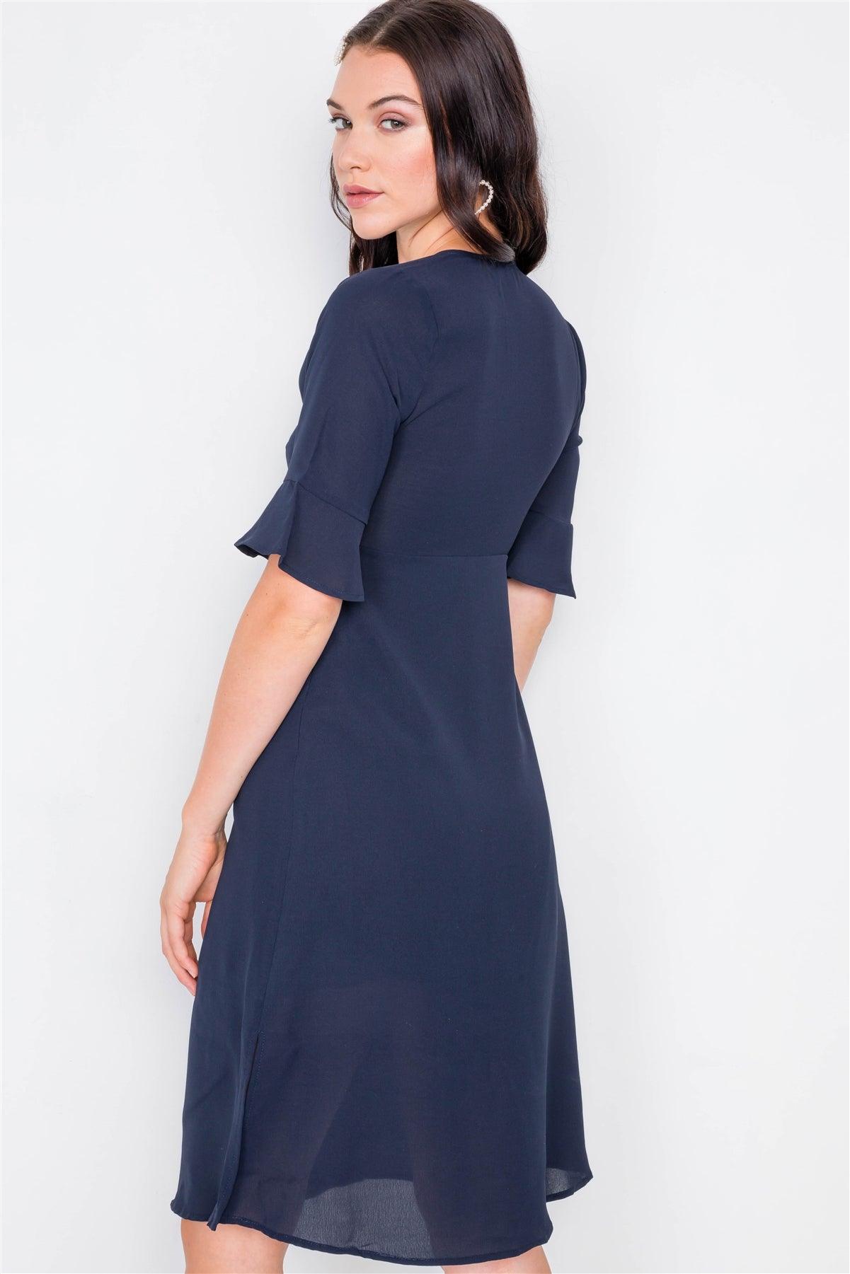 Navy Front Pleated Bow Midi Low Side Slit Dress /2-2-2