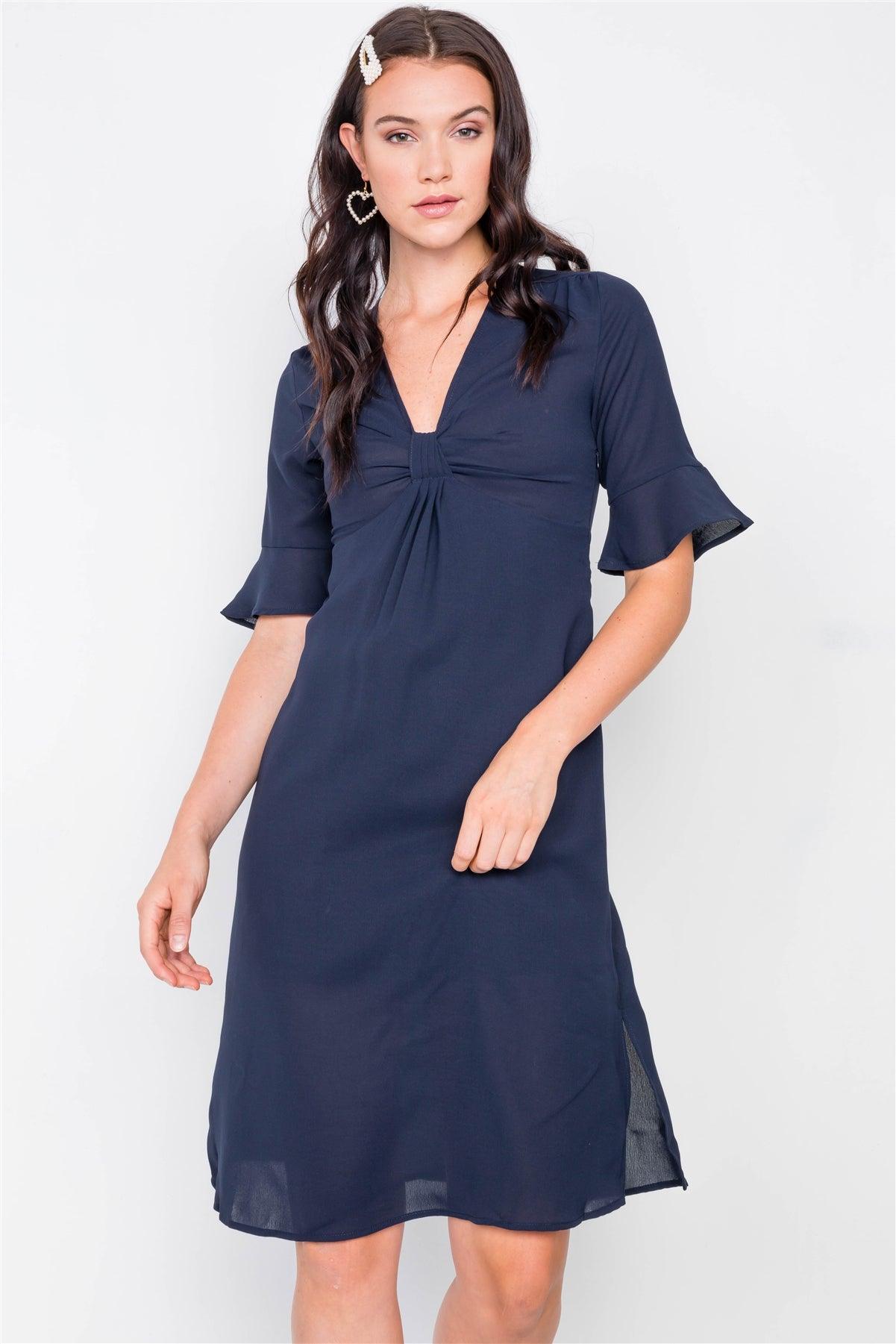 Navy Front Pleated Bow Midi Low Side Slit Dress /2-2-2